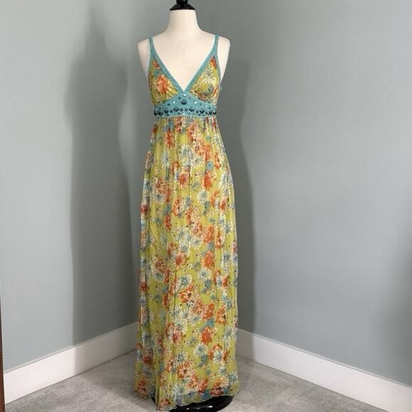 Sue Wong Dresses & Skirts - 100% Silk Sue Wong Green Multicolor Beaded Floral Maxi Dress Blue Crochet